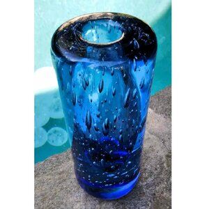 Mid-Century Tall Thick Heavy Capri Blue Blown Bubble Glass Cylinder Vase